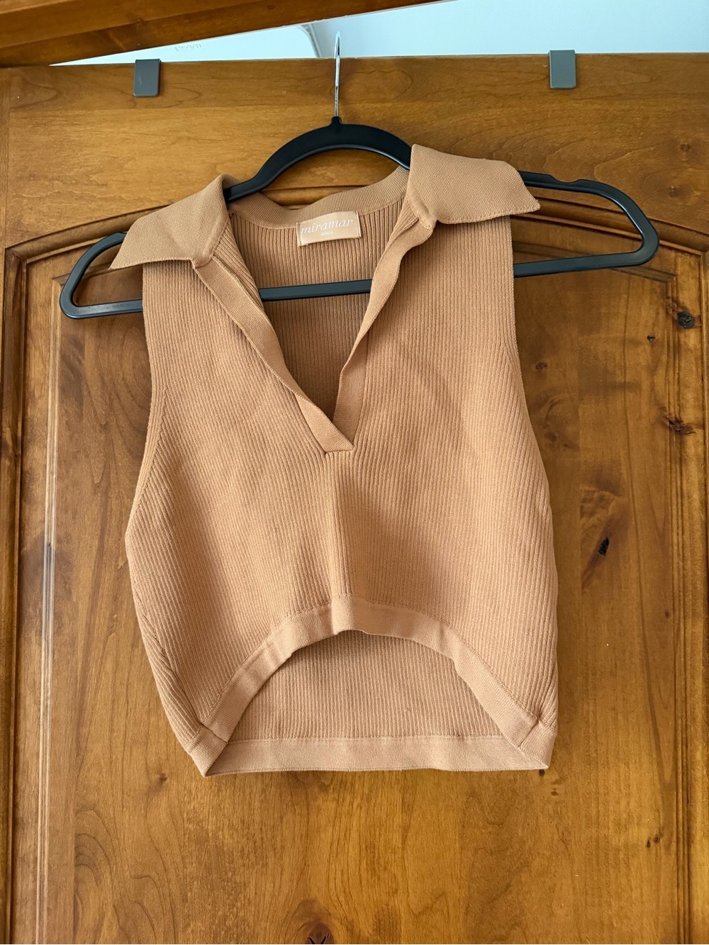 Sleeveless Ribbed Polo Crop Top - Tan